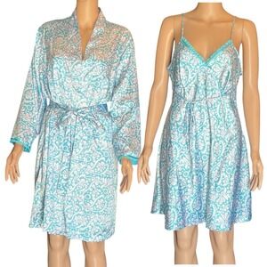 Adonna Matching Robe‎ & Satin Gown Set Size Large Vintage Blue Lavender Damask